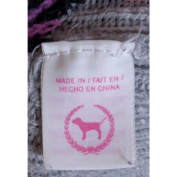 VTG Y2K Victorias Secret PINK Gray Knit Fair Isle‎ Cozy Logo Cardigan Hoodie SML - Picture 8 of 10